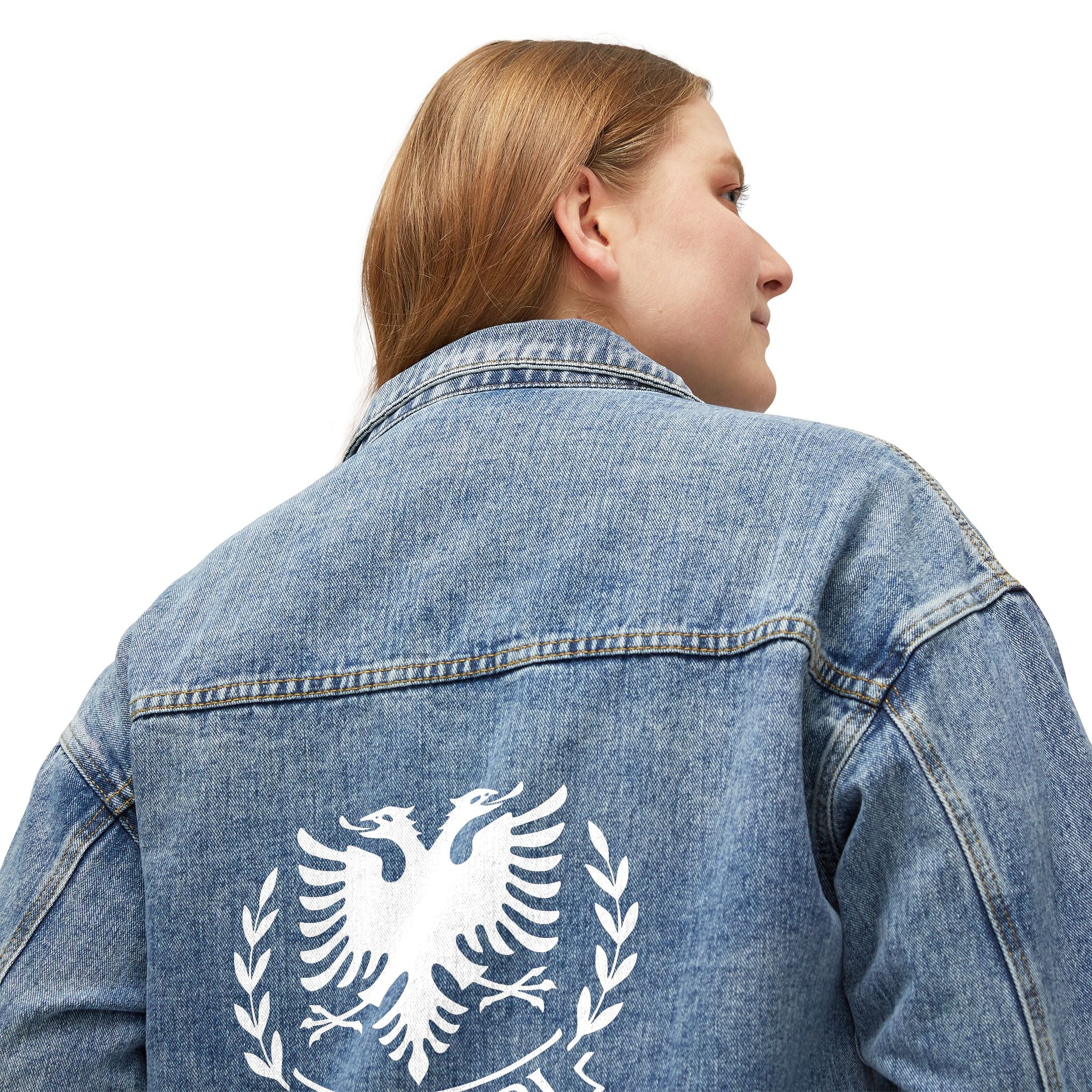Women's Denim Jacket with Albanian Eagle Back Print — Shqipëri Denim Jacket